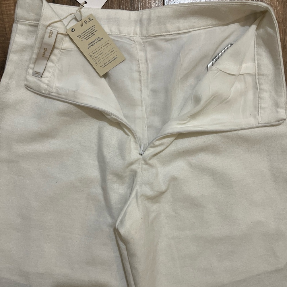 MNG Linen Blend Embroidered Scallop-Trimmed Wide Leg High Rise Culotte Trouser - Picture 4 of 16